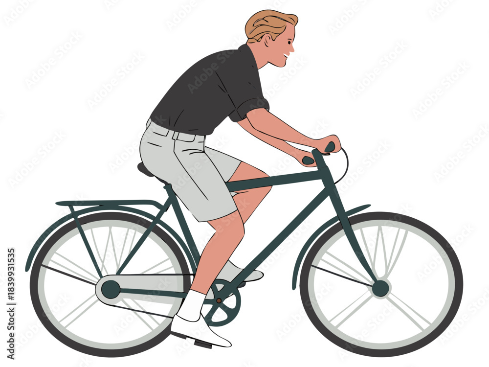 Naklejka premium Young man rides a bicycle flat style vector illustration on transparent Background. Illustration of person riding a bicycle. Man riding bicycle. Male character in cartoon style, transparent Background