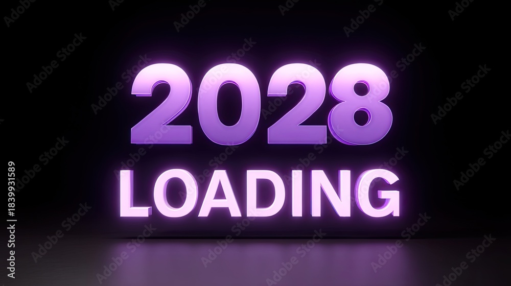 Obraz premium Vibrant Neon 2028 Loading Text with Glow Effect on Dark Background for Future Concepts and Countdown Themes in Media and Digital Marketing