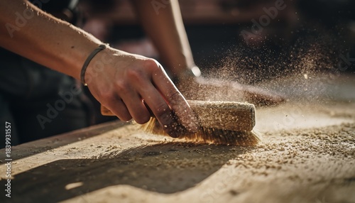 Carpenter Hand Brushing Wood Surface with Brush