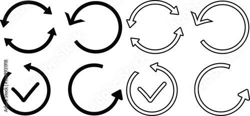 Black arrow circle icons show refresh, reload, and confirm symbols on a white background