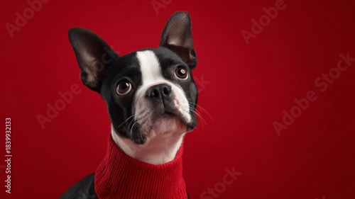 Charming Boston Terrier in a cozy red sweater poses against a vibrant red background, showcasing its adorable features.