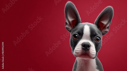 A cute Boston Terrier dog with big ears against a vibrant red background, showcasing its playful personality.