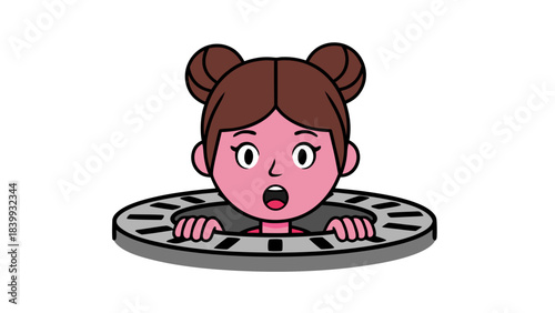 Surprised Cartoon Girl With Brown Hair In Space Buns Peeking Out Of A Round Metal Grate Against A Black Background With Bright Pink Cheeks And Wide Eyes