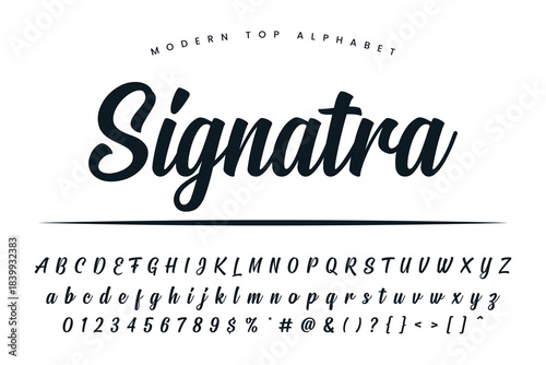 Signatra font and alphabet set of vector calligraphy letter a b c d script font isolated letters