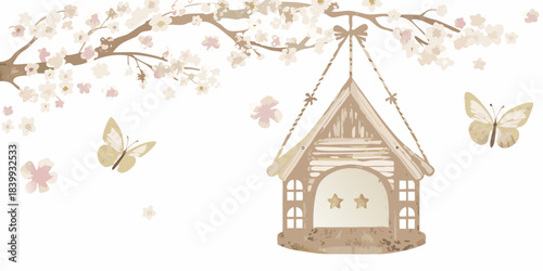 A delicate birdhouse hangs amongst blossoming branches and fluttering butterflies
