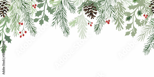Festive winter arrangement of pine branches holly and pinecones on white background