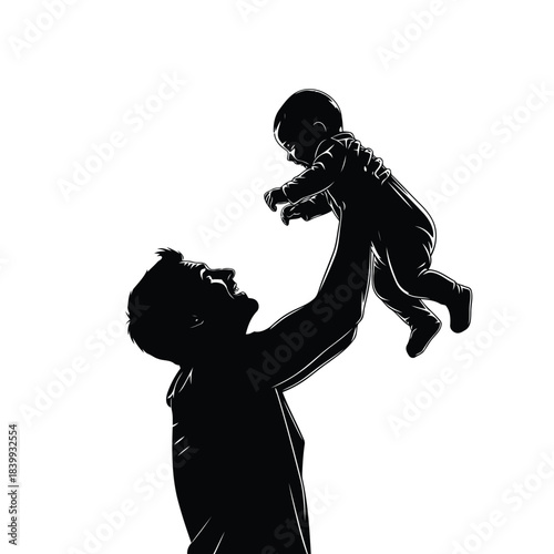 Father Holding Baby Child Up in the Air Silhouette. Parental Love, Joy, Family Bond, and Childhood Concept.