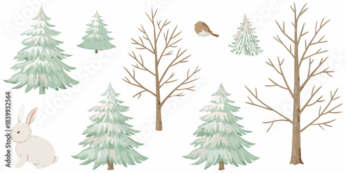 Winter scene featuring pine trees a rabbit a bird and bare branches