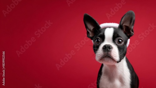 A playful Boston Terrier puppy with expressive eyes and a festive Santa hat against a vibrant red backdrop.