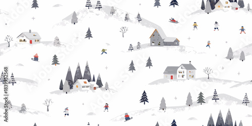 A serene winter landscape featuring snowy hills houses and people enjoying the season