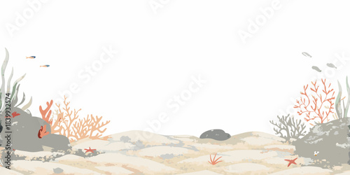 Submerged seascape with coral rocks and small fish in a calm ocean