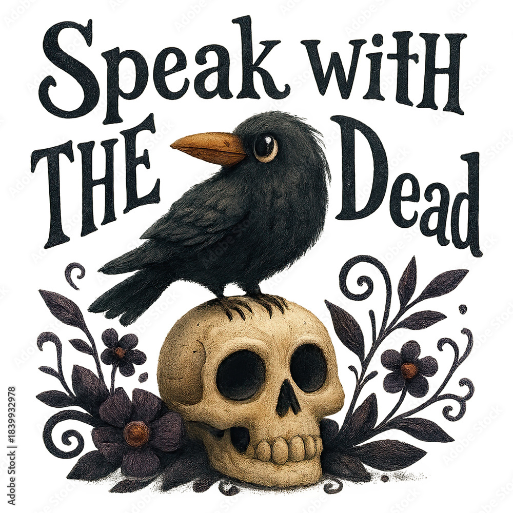 Obraz premium Illustration of a crow perched on a skull with floral accents and the phrase 