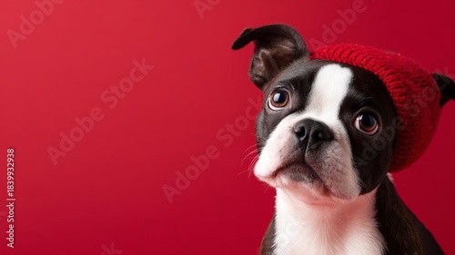 charming Boston Terrier a festive wearing  Santa ed knit hat against a vibrant red backdrop, showcasing its expressive eyes.