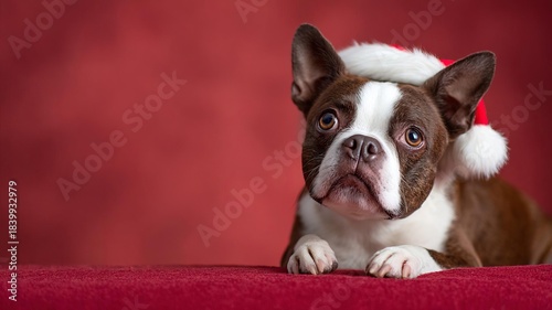 charming Boston  Terrier a festive wearing  Santa hat against a vibrant red backdrop, perfect for holiday themes.