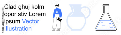 Science, education, workplace design, professional concepts, training materials, visual aids. Woman holding a clipboard, a jug and a laboratory flask. Science and education concept