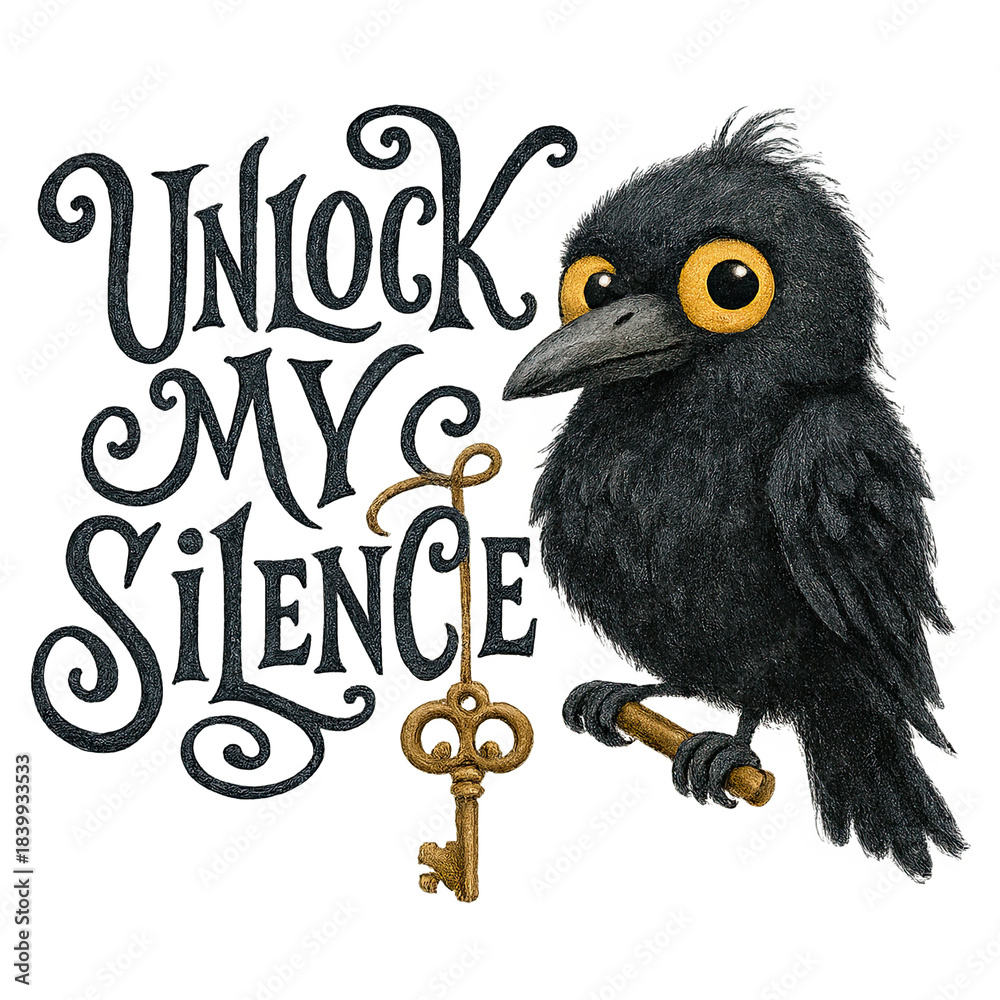 Obraz premium Playful dark illustration of a black crow with big yellow eyes perched on a gold antique key beside hand-lettered phrase 