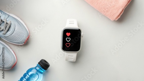 Fitness accessories and a smartwatch display heart rates on a workout flat lay background.