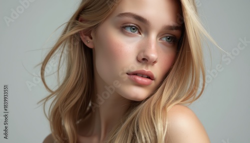 Stunning close-up of a young woman with flowing blonde hair