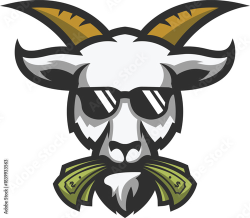 Illustration of a goat with money in its mouth, representing prosperity, luck, or traditional ritual offerings.