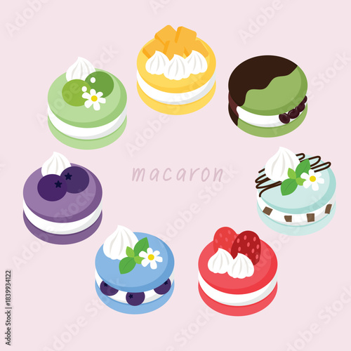 A collection of seven cartoon-style macarons with various flavors and toppings.