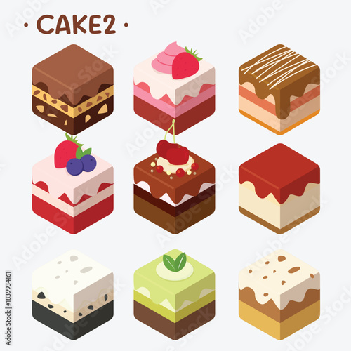 Isometric Cake Cubes Set หรือ Dessert Box Icons Vector