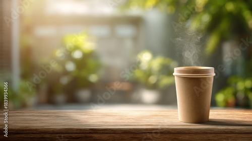 Steaming coffee cup on a wooden surface
