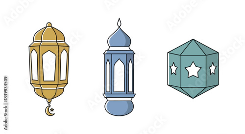 Set of three traditional Islamic lanterns in gold, blue, and teal, perfect for Ramadan and Eid celebrations