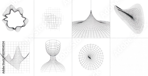 Wireframe Geometry Vector Set  3D Grid Shapes, Abstract Tunnels and Technical Diagrams.