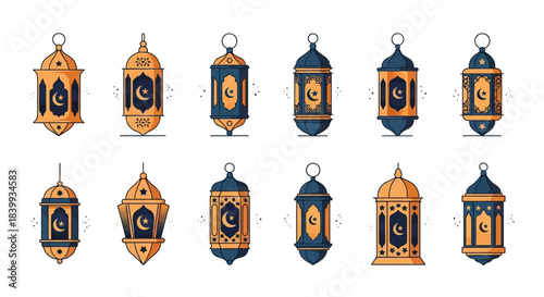 Elegant Set of Eastern Lantern Icons Symbolizing Festive Illumination and Spiritual Celebration for Holiday Designs and Cultural Events