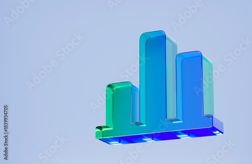 3D bar chart icon, analytics statistics symbol. Colorful gradient glass like icon, trending glass holographic icon, for graphic design, UI UX interfaces, 3d render illustration.
