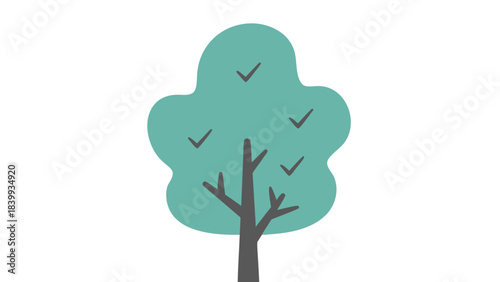 Teal Tree With Gray Branches And Dark Teal Leaves Against A Black Background Featuring Four Small Birds Flying Around It With Simple Flat Design And Vector Art
