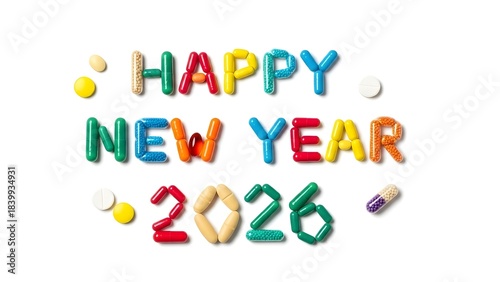 Happy new year 2026 made of colorful pills on white background