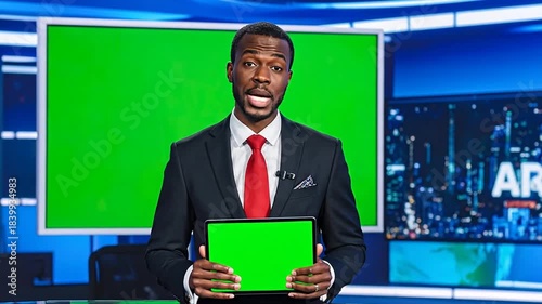 News Anchor Presenting with Green Screen Tablet in Studio