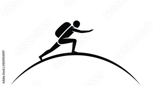 Hiker or Mountain Climber Silhouette with Backpack Reaching the Top. Adventure, Goal, Challenge, and Exploration Concept.