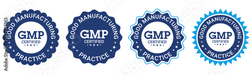 Blue GMP Certified Badge Labels Good Manufacturing Practice Emblem Set