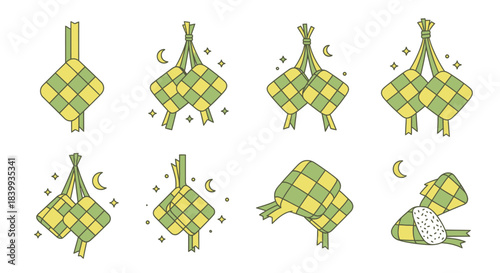 Cheerful collection of traditional ketupat illustrations, showcasing festive woven rice cakes in a clean line art style, ideal for cultural celebrations and Islamic holidays