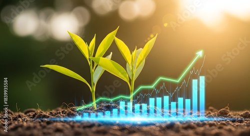Young plants growing from the ground with an overlaid blue financial bar chart and green arrow. Investment, environmental, and business growth concept. Concept of sustainable finance and ecological 