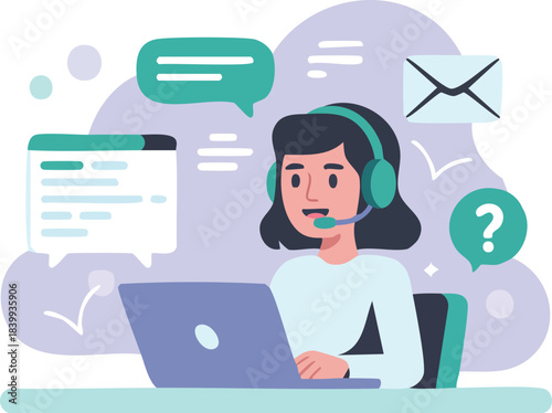 Smiling customer service representative businesswoman with a headset works on her laptop at an office desk