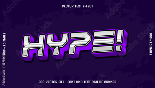 HYPE effect text with metallic silver 3D bold lettering and purple background