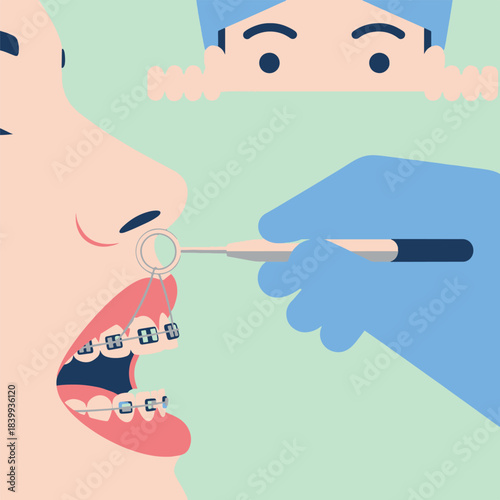 Orthodontic examination of patient with braces for dental health check-up