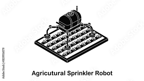 Agricultural robot with sprinkler system on a patterned surface illustration