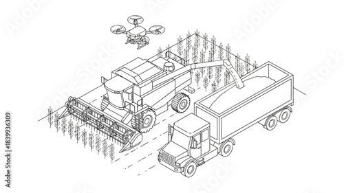 Agricultural machinery including a combine harvester drone and transport trailer