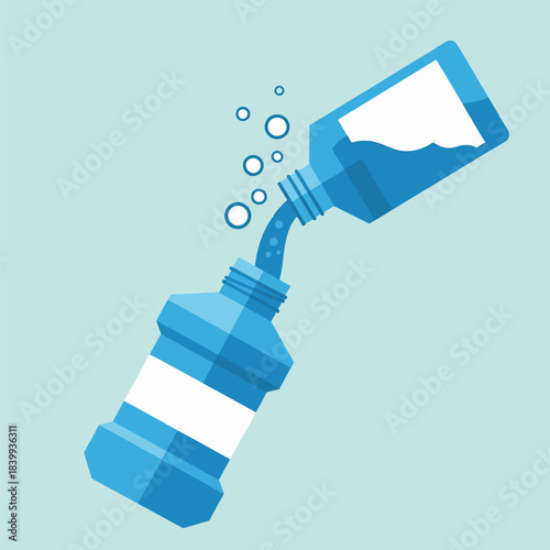 Modern flat vector illustration of blue liquid pouring between two bottles