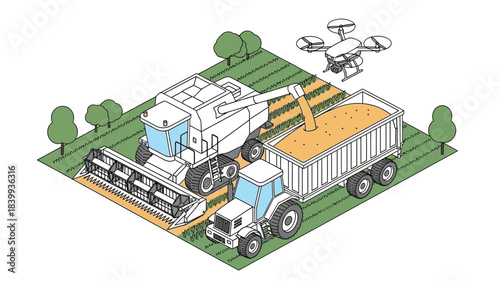 Modern agricultural machinery combine harvester drone and grain transport vehicle