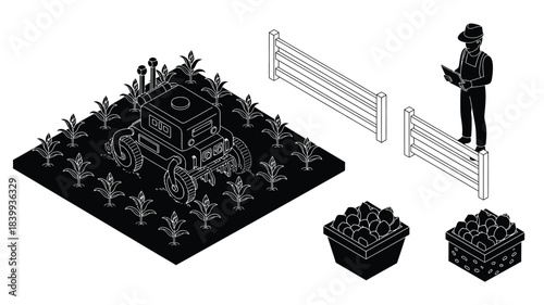 Isometric illustration of a farm scene with a robotic harvester and farmer