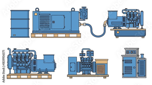 Blueprint illustration of industrial diesel generators and power supply equipment