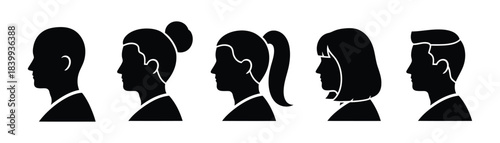 Diverse group of silhouetted profiles in monochrome style