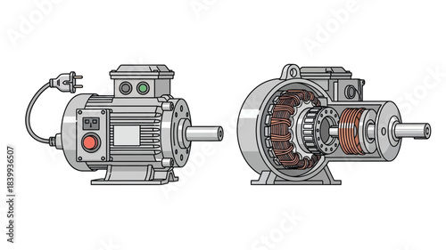 Detailed illustration of an electric motor with cutaway view of internal components