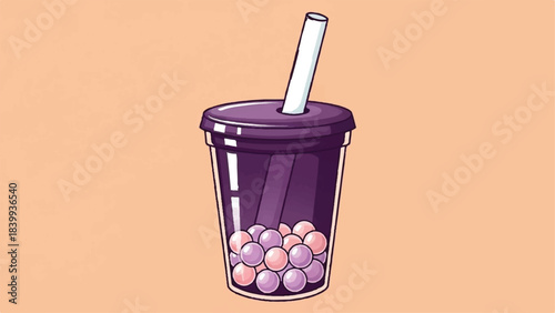 Illustration of a Dark Purple Boba Tea with Tapioca Pearls.