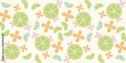 Hand-drawn lime blossom illustration with green citrus slices and flowers